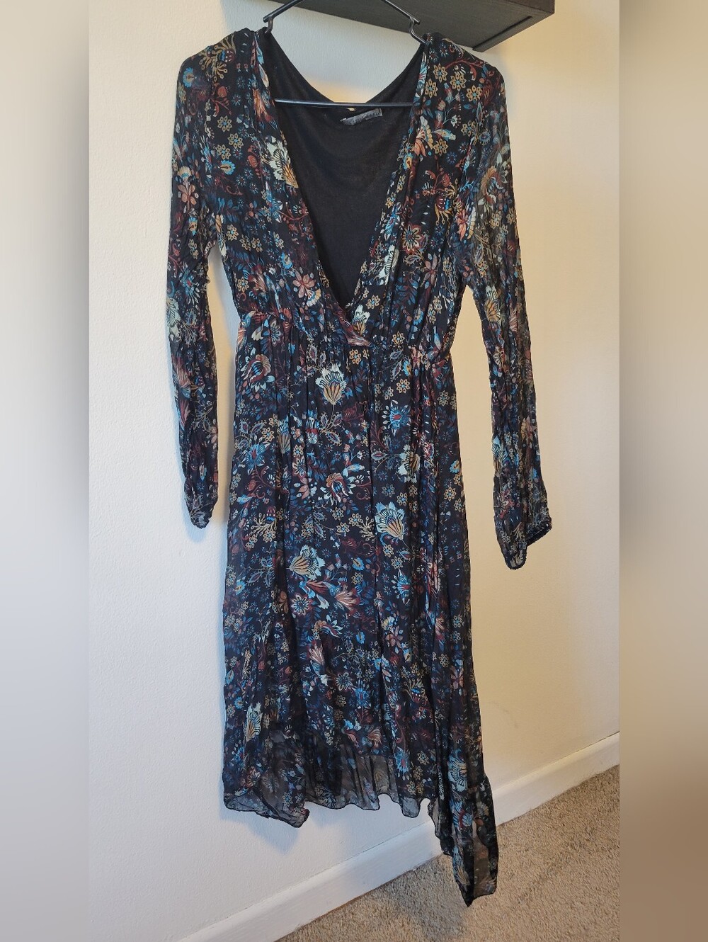 Floral V-Neck Long Sleeve Women's Dress - Blue Multi